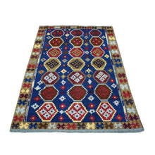 Load image into Gallery viewer, 3&#39;8&quot;x5&#39;9&quot; Blue Colorful Afghan Baluch Tribal Deisgn Pure Wool Hand Knotted Oriental Rug FWR319836