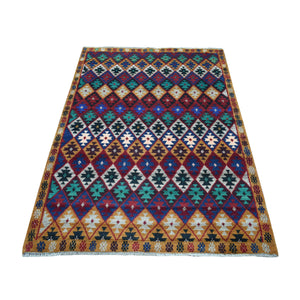 4'1"x5'9" Brown Tribal Design Colorful Afghan Baluch Hand Knotted Pure Wool Oriental Rug FWR319842