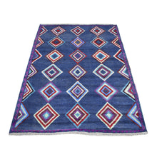 Load image into Gallery viewer, 4&#39;2&quot;x5&#39;7&quot; Blue Colorful Afghan Baluch Geometric Design Hand Knotted Pure Wool Oriental Rug FWR319854
