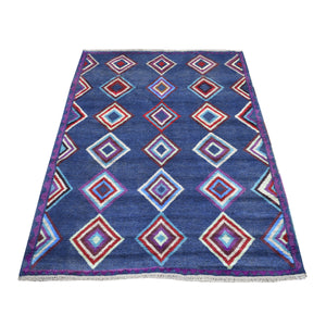 4'2"x5'7" Blue Colorful Afghan Baluch Geometric Design Hand Knotted Pure Wool Oriental Rug FWR319854