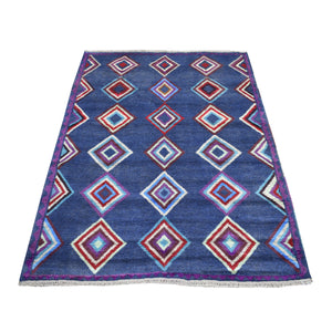 4'2"x5'7" Blue Colorful Afghan Baluch Geometric Design Hand Knotted Pure Wool Oriental Rug FWR319854