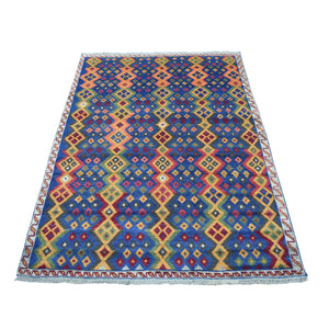 4'1"x5'8" Blue Colorful Afghan Baluch Geometric Design Hand Knotted Pure Wool Oriental Rug FWR319896
