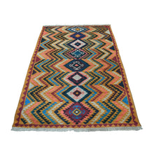 Load image into Gallery viewer, 3&#39;9&quot;x6&#39;3&quot; Orange Colorful Afghan Baluch Geometric Design Hand Knotted Pure Wool Oriental Rug FWR319908