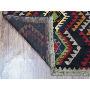 6'x8' Black Colorful Afghan Baluch Geometric Design Hand Knotted Pure Wool Runner Oriental Rug FWR319980