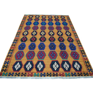 6'x7'10" Orange Geometric Design Colorful Afghan Baluch Hand Knotted Pure Wool Oriental Rug FWR319986