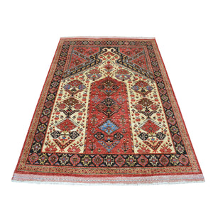 5'x6'9" Red Prayer Design Afghan Ersari Hand Knotted Pure Wool Oriental Rug FWR320862