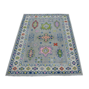 3'10"x5'5" Colorful Gray Fusion Kazak Pure Wool Geometric Design Hand Knotted Oriental Rug FWR321090