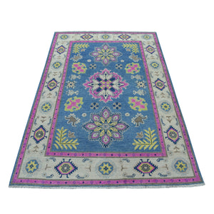 4'x6'4" Colorful Blue Fusion Kazak Pure Wool Hand Knotted Oriental Rug FWR321102