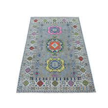 Load image into Gallery viewer, 3&#39;3&quot;x5&#39; Colorful Gray Fusion Kazak Pure Wool Geometric Design Hand Knotted Oriental Rug FWR321240