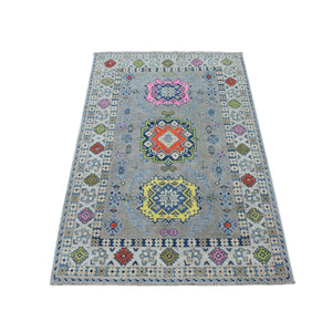 3'3"x5' Colorful Gray Fusion Kazak Pure Wool Geometric Design Hand Knotted Oriental Rug FWR321240
