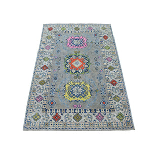 3'3"x5' Colorful Gray Fusion Kazak Pure Wool Geometric Design Hand Knotted Oriental Rug FWR321240