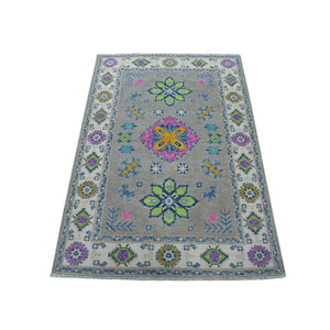 3'5"x4'10" Colorful Gray Fusion Kazak Pure Wool Geometric Design Hand Knotted Oriental Rug FWR322680