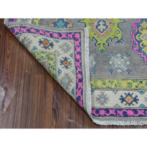 3'8"x6' Colorful Gray Fusion Kazak Pure Wool Geometric Design Hand Knotted Oriental Rug FWR322794