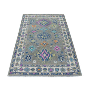 3'10"x5'9" Colorful Gray Fusion Kazak Pure Wool Geometric Design Hand Knotted Oriental Rug FWR322848