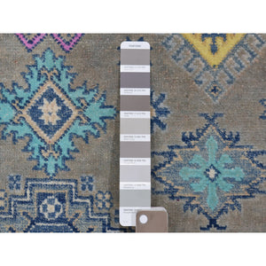 3'10"x5'9" Colorful Gray Fusion Kazak Pure Wool Geometric Design Hand Knotted Oriental Rug FWR322848