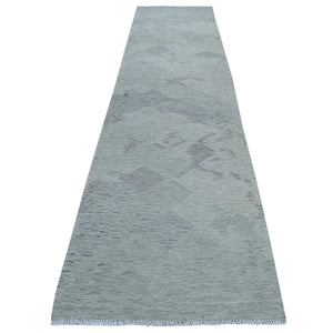 3'1"x14' Gray Shades Flat Weave Kilim Pure Wool Hand Woven Runner Oriental Rug FWR322914