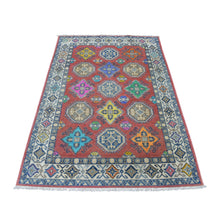Load image into Gallery viewer, 3&#39;9&quot;x5&#39;7&quot; Colorful Blue Fusion Kazak Pure Wool Geometric Design Hand Knotted Oriental Rug FWR324906