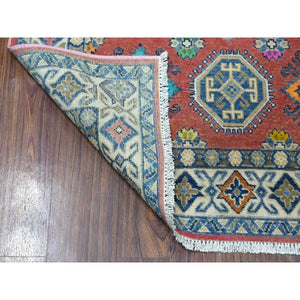 3'9"x5'7" Colorful Blue Fusion Kazak Pure Wool Geometric Design Hand Knotted Oriental Rug FWR324906