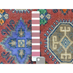 3'9"x5'7" Colorful Blue Fusion Kazak Pure Wool Geometric Design Hand Knotted Oriental Rug FWR324906