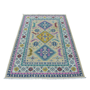 4'1"x6'1" Colorful Beige Fusion Kazak Pure Wool Hand Knotted Oriental Rug FWR324918