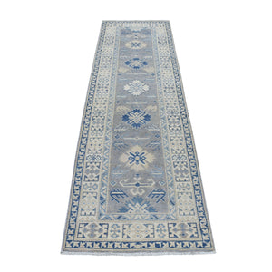 2'6"x9'4" Gray Vintage Look Kazak Pure Wool Tribal Design Hand Knotted Runner Oriental Rug FWR327672