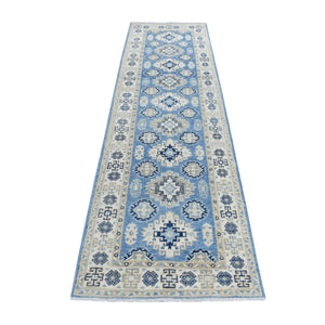 2'8"x9'6" Blue All Over Design Hand Knotted Pure Wool Vintage Look Kazak Runner Oriental Rug FWR327732