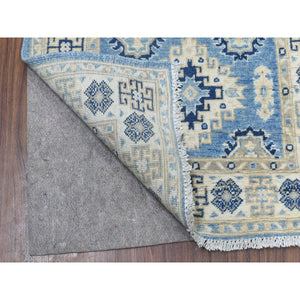 2'8"x9'6" Blue All Over Design Hand Knotted Pure Wool Vintage Look Kazak Runner Oriental Rug FWR327732