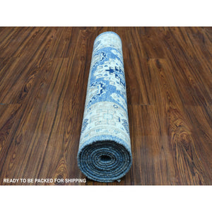 2'8"x9'6" Blue All Over Design Hand Knotted Pure Wool Vintage Look Kazak Runner Oriental Rug FWR327732