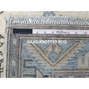 2'8"x9'1" Ivory Hand Knotted Vintage Look Kazak Pure Wool Tribal Design Runner Oriental Rug FWR327738