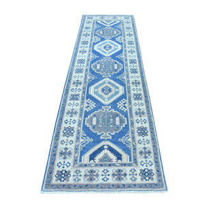 2'8"x9'5" Blue Hand Knotted Vintage Look Kazak Natural Wool Geometric Design Runner Oriental Rug FWR327978