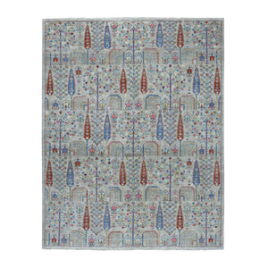 8'2"x9'10" Gray with Pop of Color Willow and Cypress Tree Design Pure Wool Hand Knotted Oriental Rug FWR328896