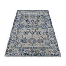 Load image into Gallery viewer, 3&#39;10&quot;x5&#39;7&quot; Ivory Vintage Look Kazak Geometric Design Organic Wool Hand Knotted Oriental Rug FWR329088