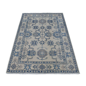 3'10"x5'7" Ivory Vintage Look Kazak Geometric Design Organic Wool Hand Knotted Oriental Rug FWR329088