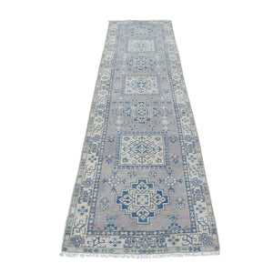 2'6"x9'7" Gray Wide Runner Natural Wool Afghan Vintage Look Kazak Hand Knotted Oriental Rug FWR329130