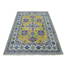 Load image into Gallery viewer, 4&#39;10&quot;x6&#39;6&quot; Colorful Yellow Fusion Kazak Pure Wool Geometric Design Hand Knotted Oriental Rug FWR329616