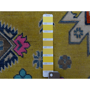 4'10"x6'6" Colorful Yellow Fusion Kazak Pure Wool Geometric Design Hand Knotted Oriental Rug FWR329616