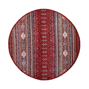 9'7"x9'7" Red Round Super Kazak Khorjin Design Natural Wool Hand Knotted Oriental Rug FWR329748