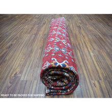 Load image into Gallery viewer, 9&#39;7&quot;x9&#39;7&quot; Red Round Super Kazak Khorjin Design Natural Wool Hand Knotted Oriental Rug FWR329748