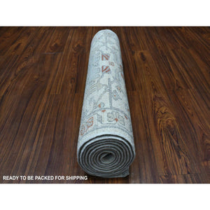 2'7"x9'7" Ivory Washed Out Peshawar Organic Wool Hand Knotted Runner Oriental Rug FWR330156