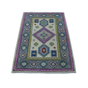 3'2"x4'10" Colorful Ivory Fusion Kazak Organic Wool Hand Knotted Oriental Rug FWR332412