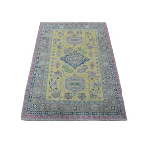 3'3"x4'8" Colorful Yellow Fusion Kazak Natural Wool Hand Knotted Oriental Rug FWR332442