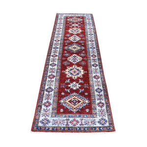 2'8"x8'7" Red Hand-Knotted Geometric Design Super Kazak Pure Wool Oriental Runner Rug FWR333204
