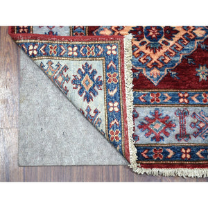 2'8"x8'7" Red Hand-Knotted Geometric Design Super Kazak Pure Wool Oriental Runner Rug FWR333204