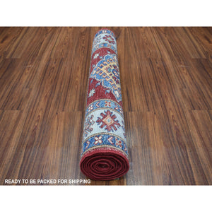 2'8"x8'7" Red Hand-Knotted Geometric Design Super Kazak Pure Wool Oriental Runner Rug FWR333204