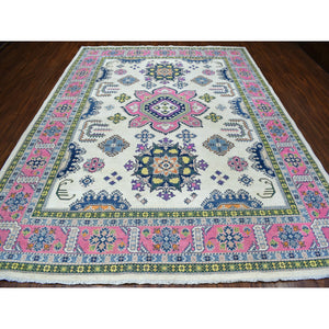 8'10"x11'6" Ivory with Pink Fusion Kazak Natural Wool Hand Knotted Oriental Rug FWR333228