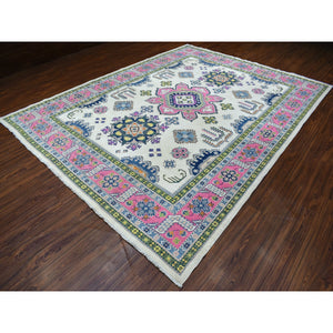 8'10"x11'6" Ivory with Pink Fusion Kazak Natural Wool Hand Knotted Oriental Rug FWR333228