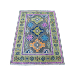 3'2"x4'9" Colorful Gray Fusion Kazak Organic Wool Hand Knotted Oriental Rug FWR333270