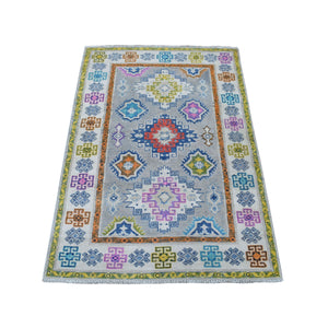 3'1"x4'10" Colorful Gray Fusion Kazak Organic Wool Hand Knotted Oriental Rug FWR333300