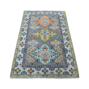 3'3"x5' Colorful Gray Fusion Kazak Pure Wool Hand Knotted Oriental Rug FWR333330
