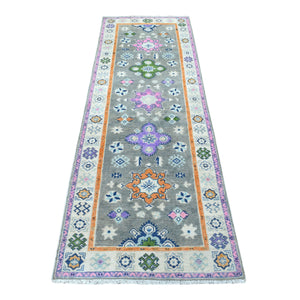 2'7"x7'10" Gray Fusion Kazak Tribal Design Pure Wool Hand Knotted Runner Oriental Rug FWR333390